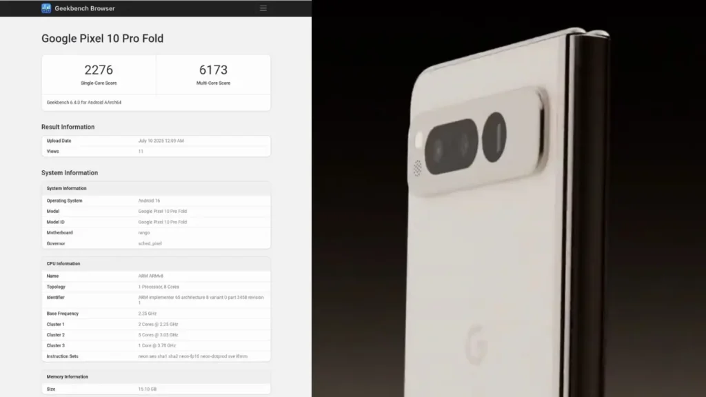 Pixel 10 Pro Fold with Geekbench Certification