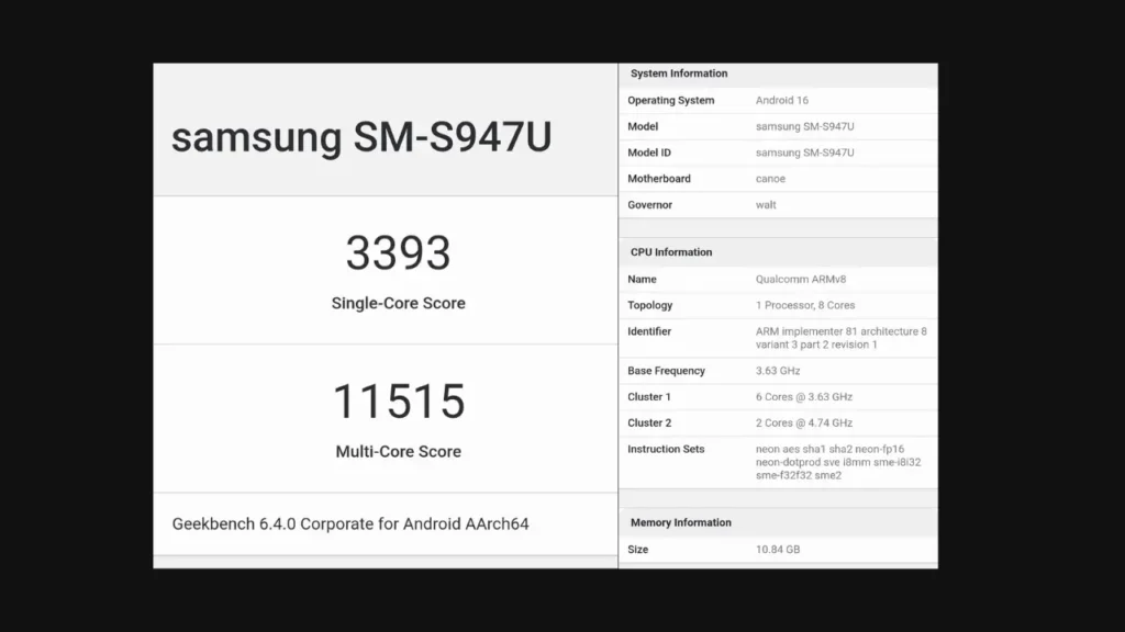 Galaxy S26 Edge Geekbench certification