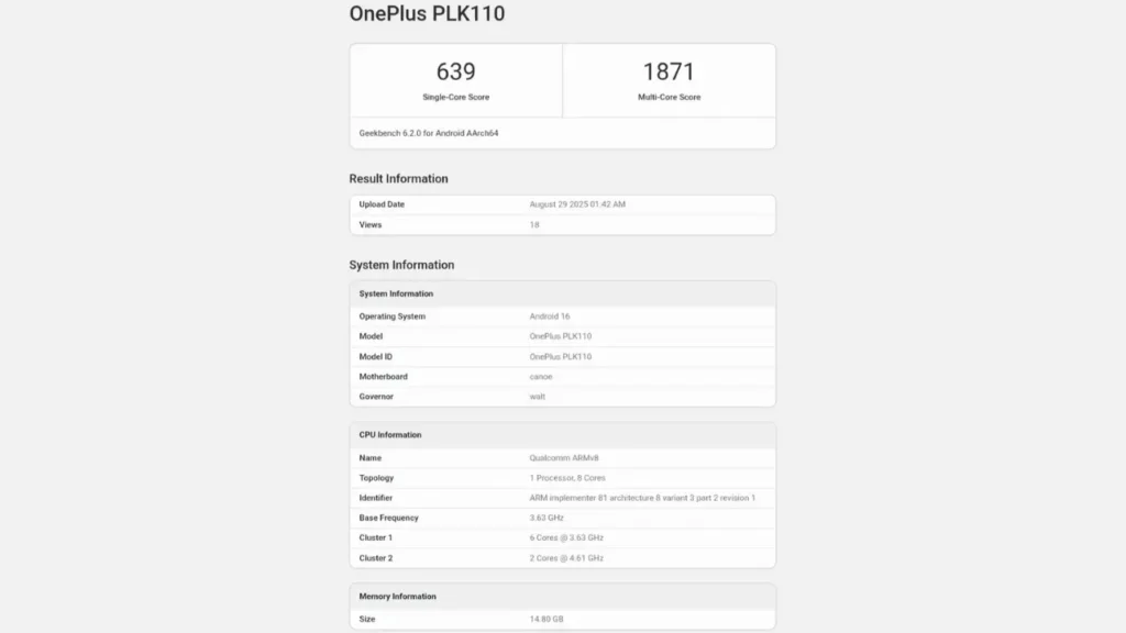 OnePlus 15 - Geekbench Certification