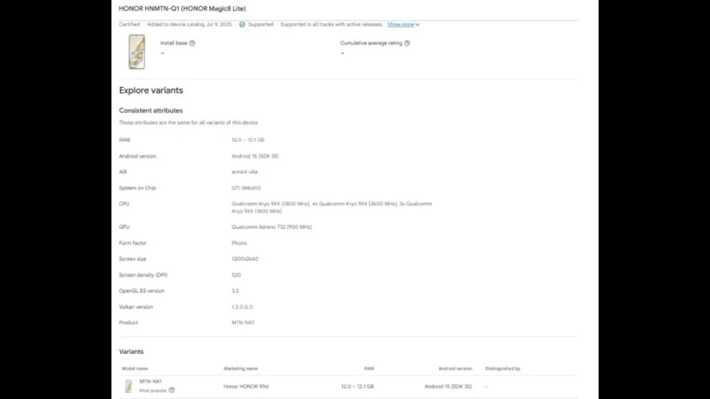 Honor Magic 8 Lite Spoted on Google Play Console