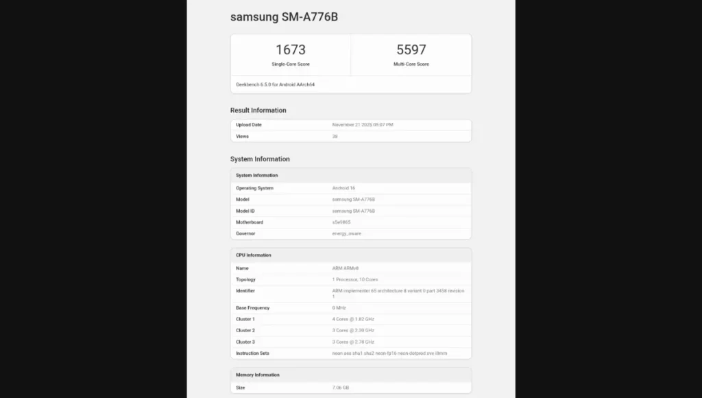 Galaxy A77 Geekbench Listing