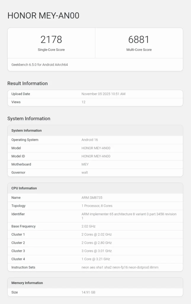 Honor 500 Series Geekbench Score