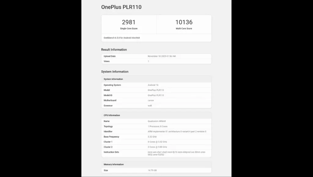 OnePlus Ace 6T Geekbench Score