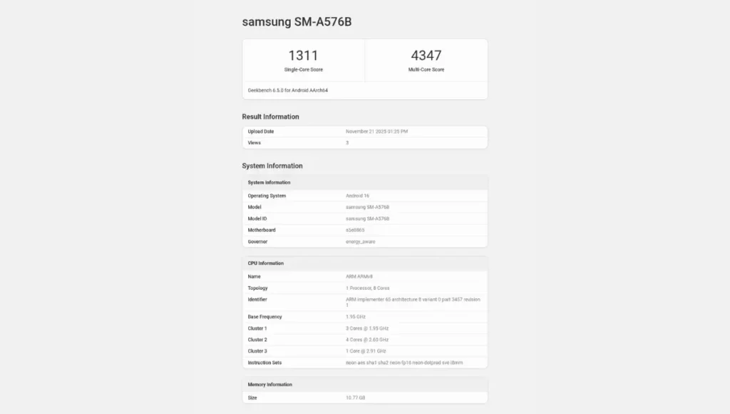 Samsung Galaxy A57 Listed on Geekbench