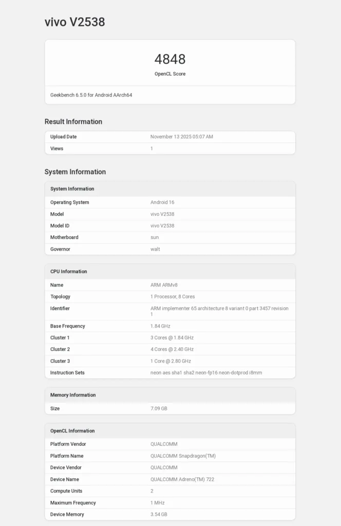 Vivo V70 Spot on Geekbench