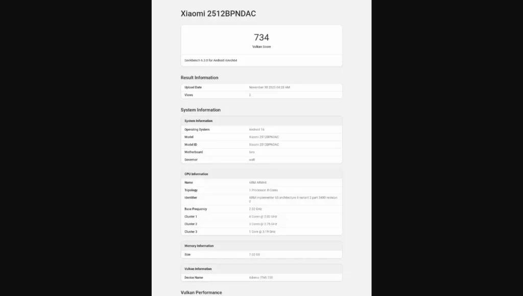 Geekbench benchmark of the Xiaomi 17 Ultra