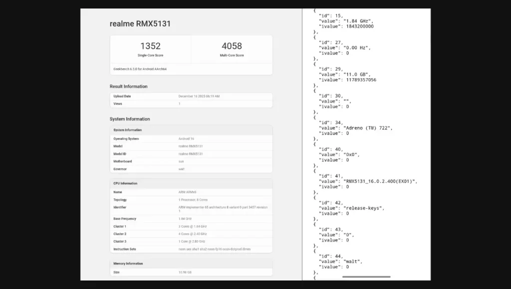 Realme 16 Pro+ Geekbench Listing