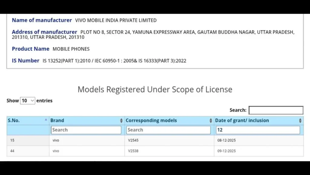 Vivo V70 and  Vivo T5x - BIS Listing