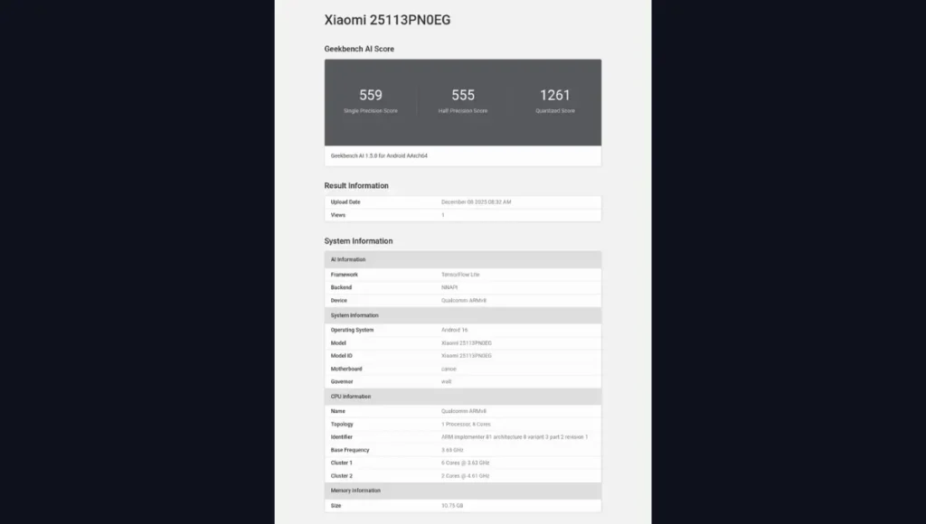 Xiaomi 17 Geekbench Score